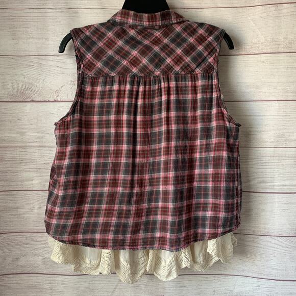 Hippie Laundry Sleeveless Plaid Button Up Shirt Boho Crochet Lace Ruffle Size L - Picture 6 of 15